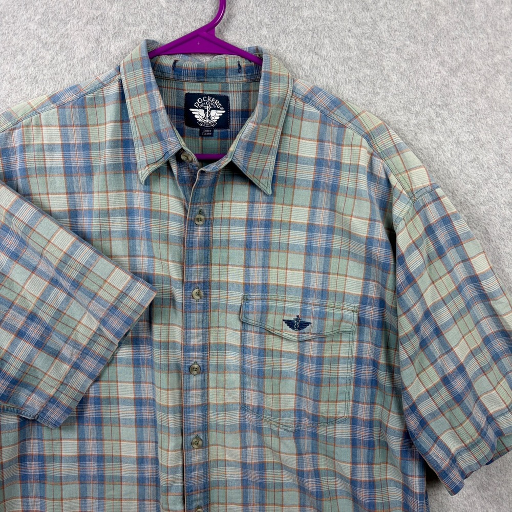 Vintage Dockers Shirt Mens XL Blue Green Faded Plaid Short Sleeve Button Up 90s